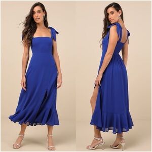 LULU’S Summer Invite Royal Blue Tie-Strap Tiered Midi Dress